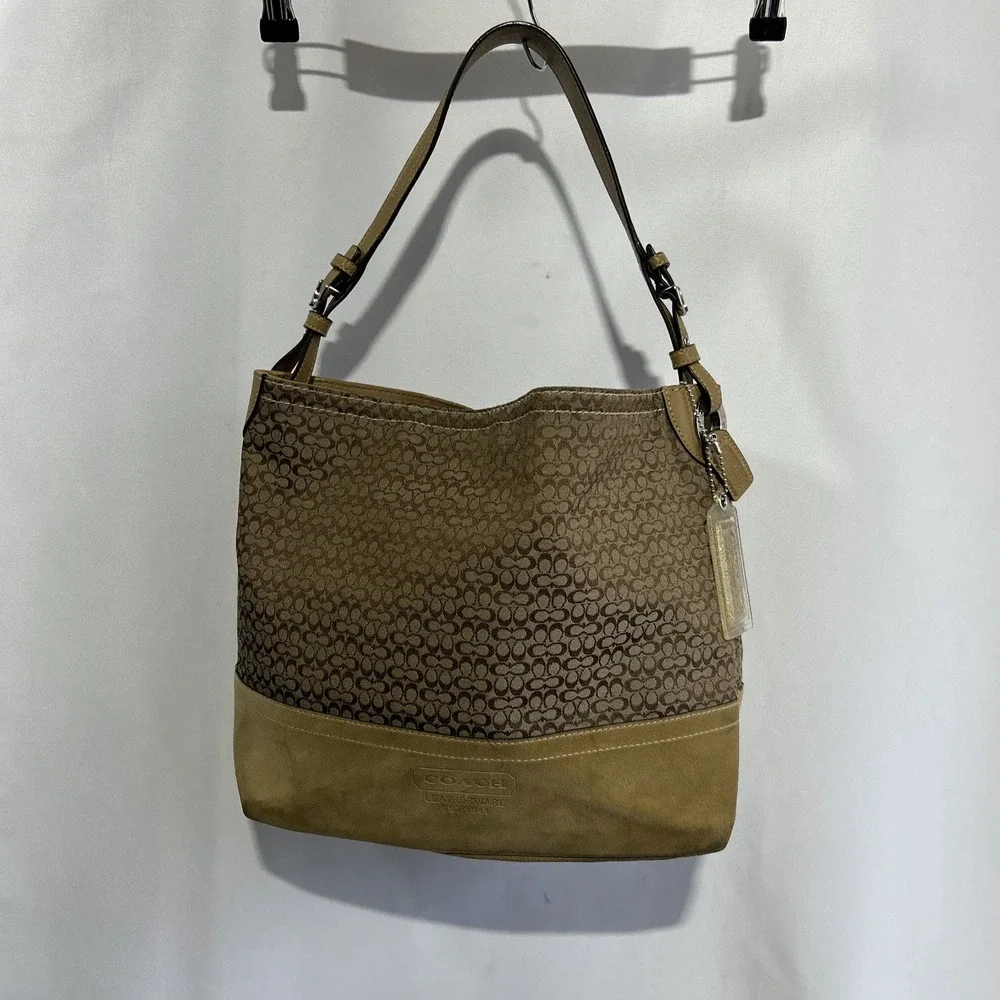 Coach Y2K Hobo Signature C Jacquard Suede Tan Bucket Shoulder Bag  F11666 See**